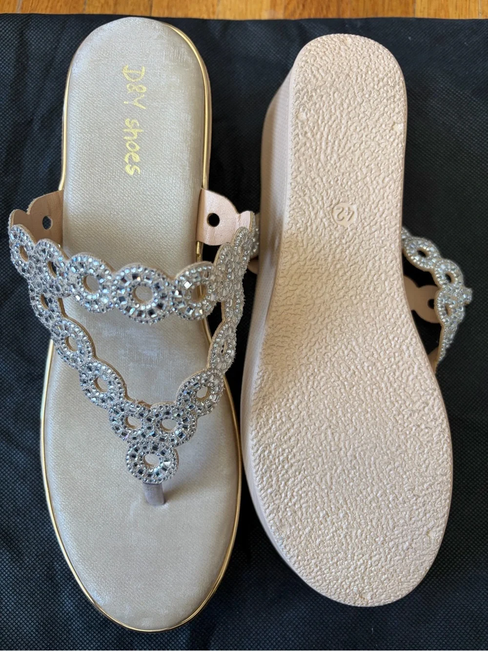 Women's Embellished Taupe Rhinestone Thong Wedge Sandals -